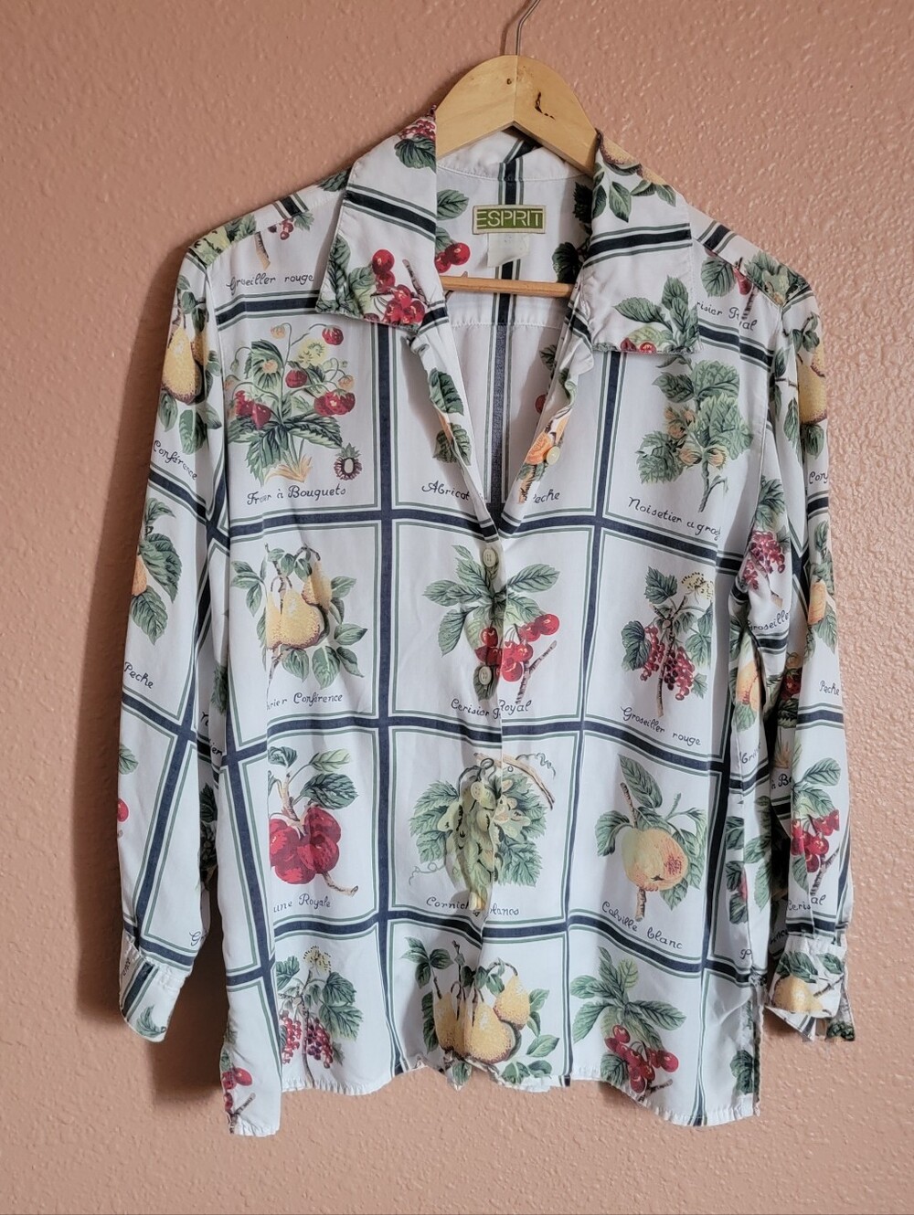 Esprit Vegetable Fruit Garden Striped Button Shirt Blouse Vintage Faded White